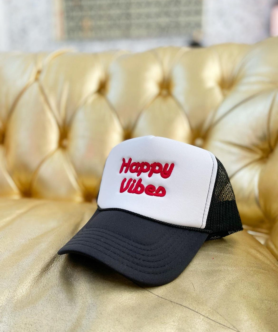 HAPPY VIBES Trucker Hat (SEE- Multiple Color Variations- look through Photos and choose your color)