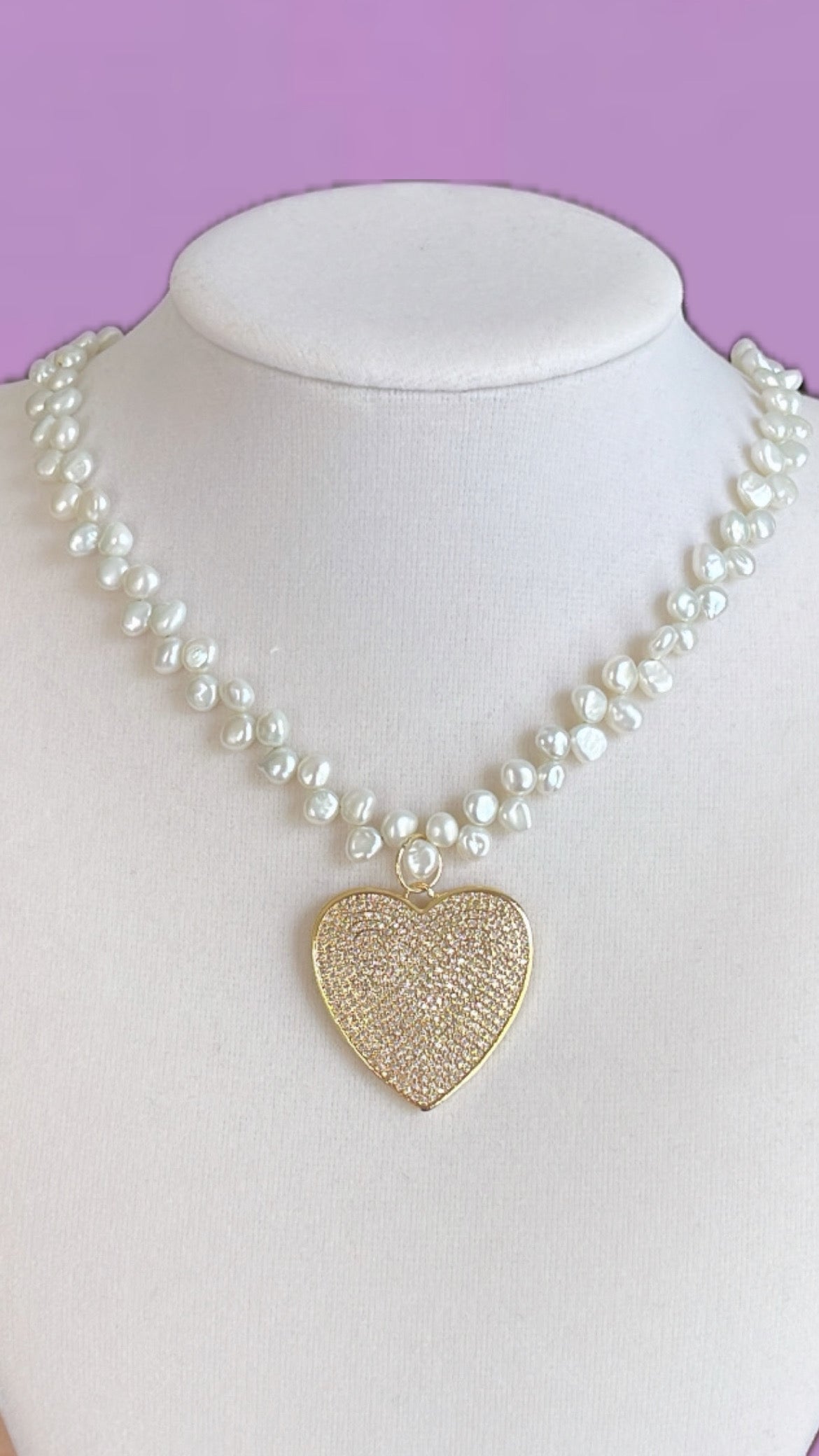 Pave’ Heart Fresh Water Pearl Necklace