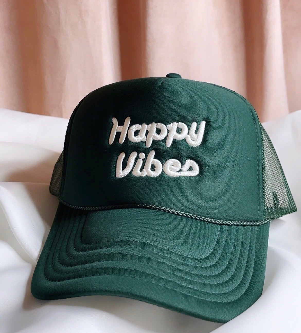 HAPPY VIBES Trucker Hat (SEE- Multiple Color Variations- look through Photos and choose your color)
