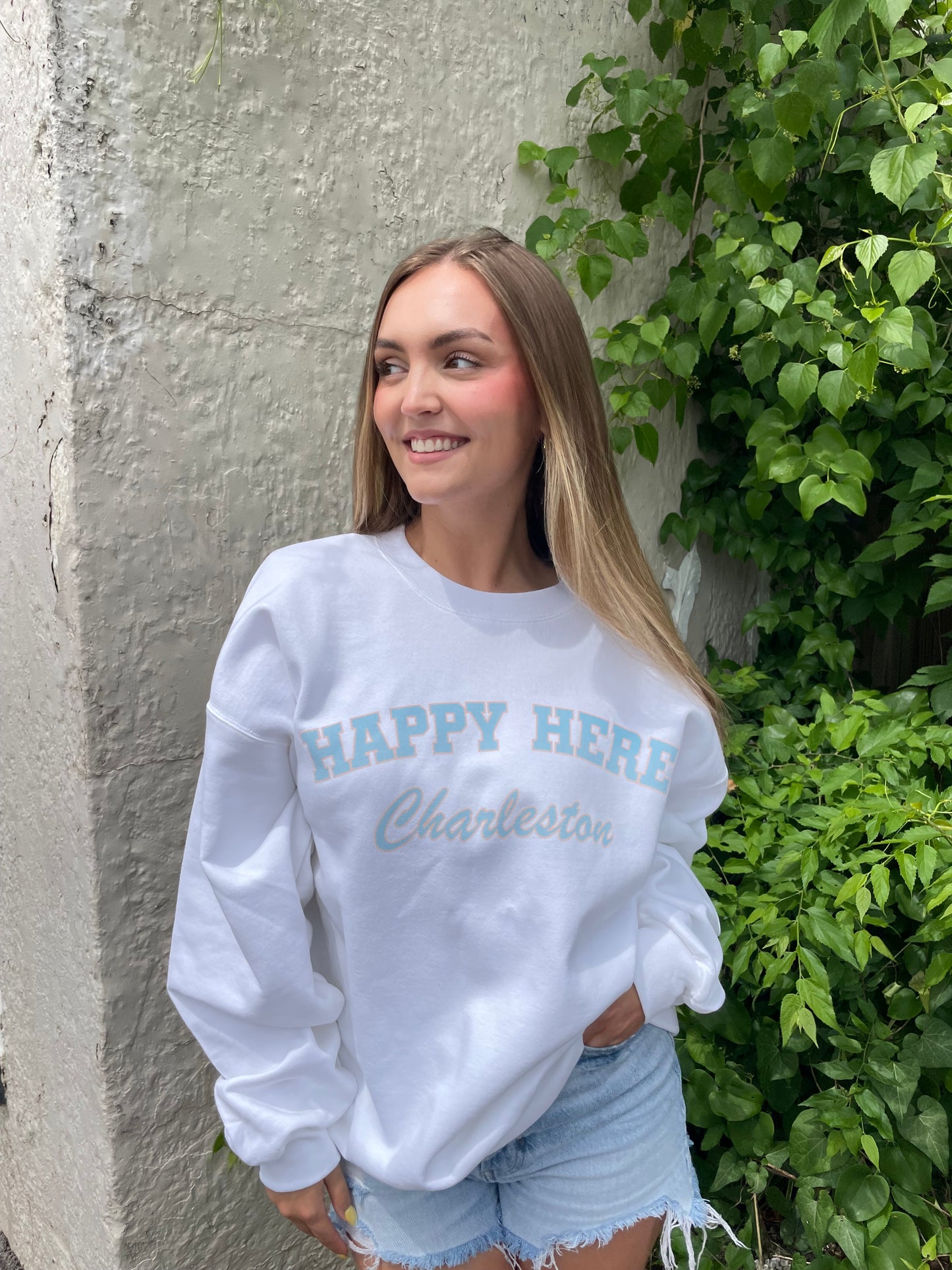HAPPY HERE Charleston Crew Sweatshirt (Allow 2 weeks to Ship) AS SEEN ON KELSEA BALLERINI 🩵