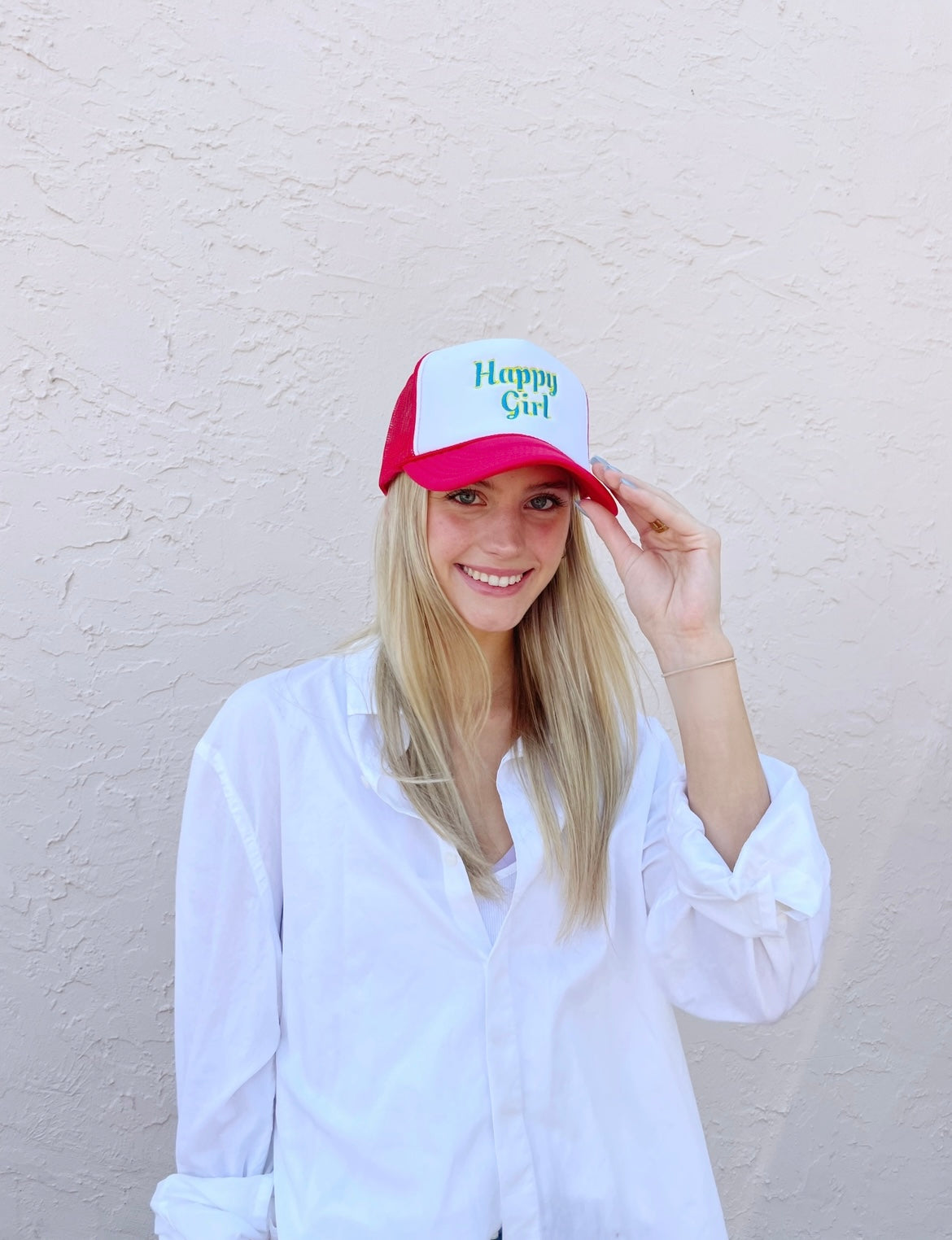 HAPPY GIRL Trucker Hat Red White Color-block