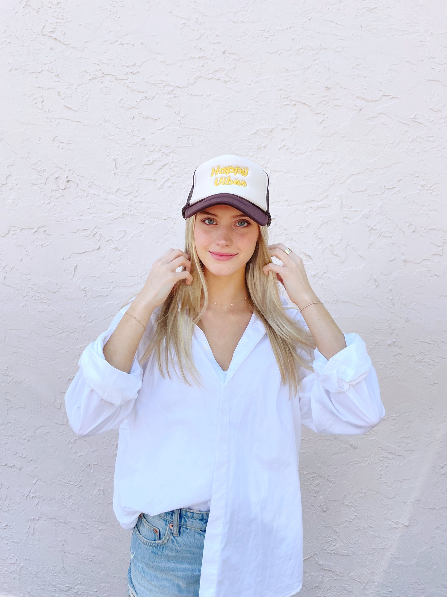 HAPPY VIBES Trucker Hat (SEE- Multiple Color Variations- look through Photos and choose your color)
