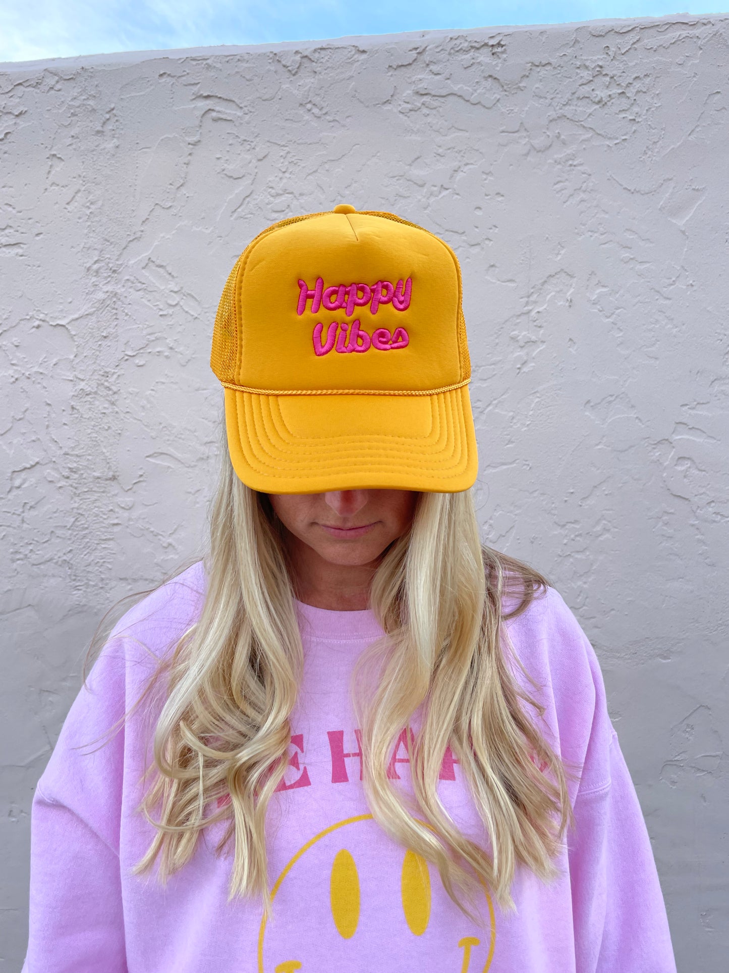 HAPPY VIBES Trucker Hat (SEE- Multiple Color Variations- look through Photos and choose your color)