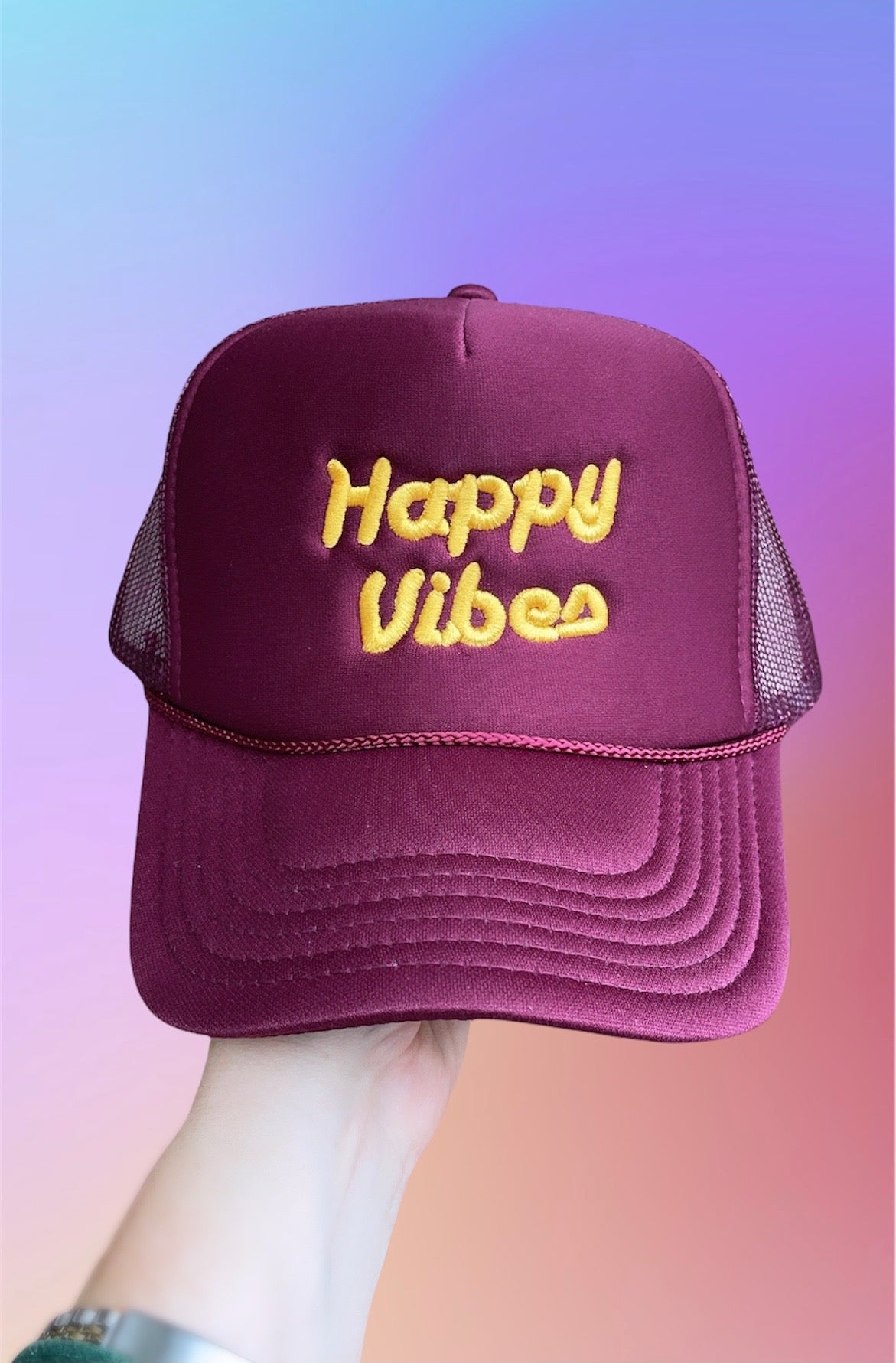 HAPPY VIBES Trucker Hat (SEE- Multiple Color Variations- look through Photos and choose your color)