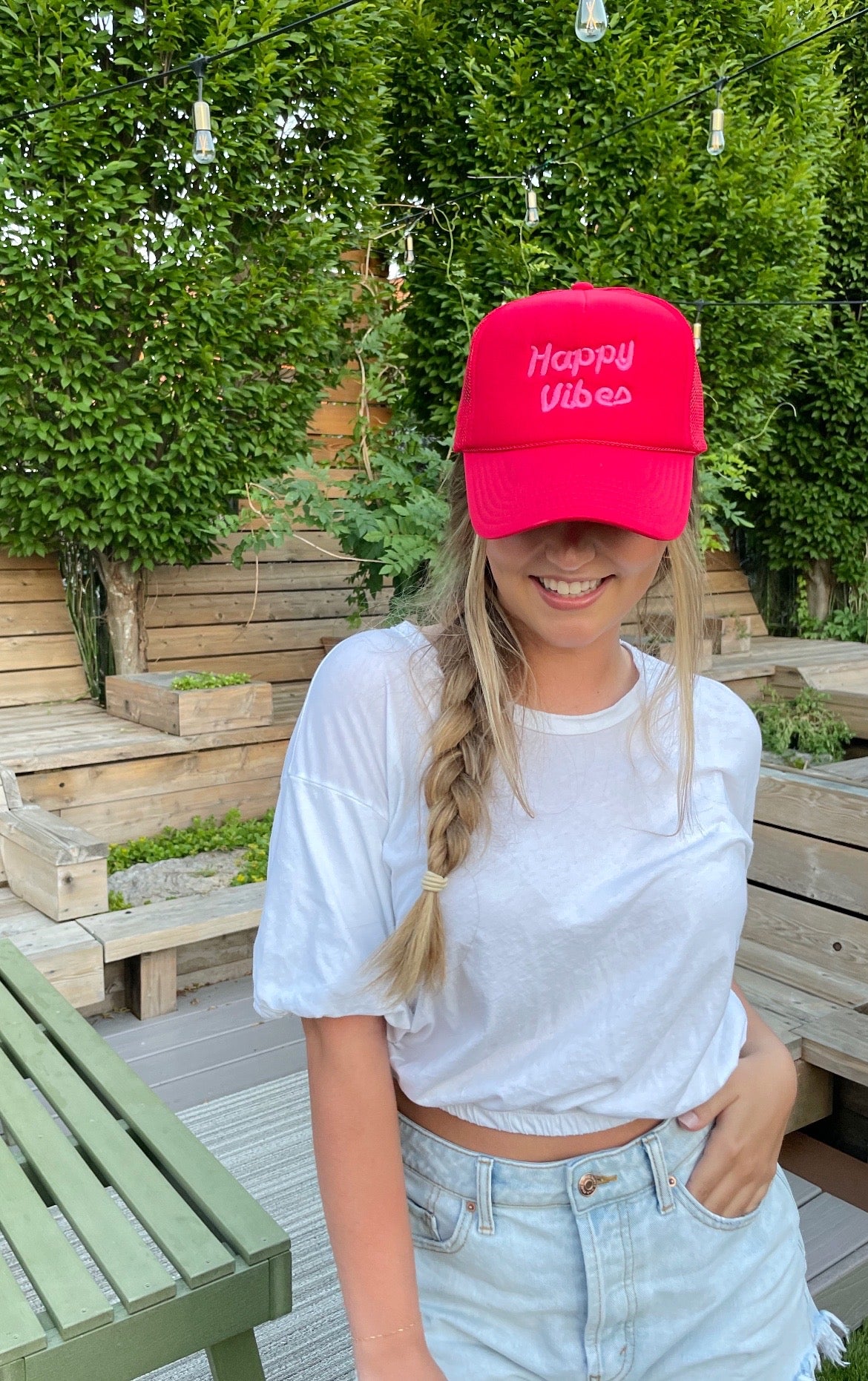 HAPPY VIBES Trucker Hat (SEE- Multiple Color Variations- look through Photos and choose your color)
