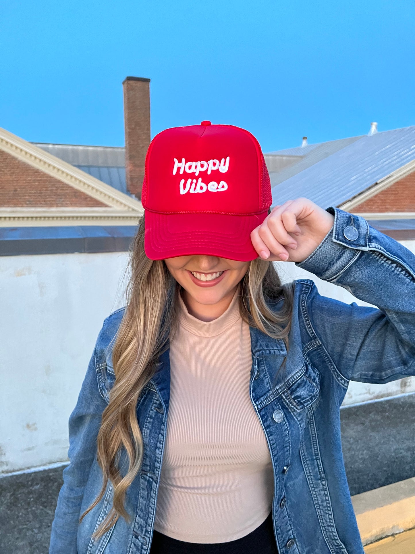 HAPPY VIBES Trucker Hat (SEE- Multiple Color Variations- look through Photos and choose your color)