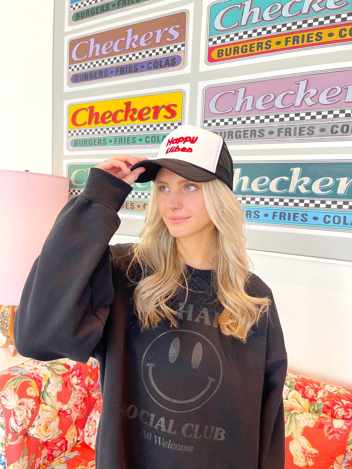 HAPPY VIBES Trucker Hat (SEE- Multiple Color Variations- look through Photos and choose your color)