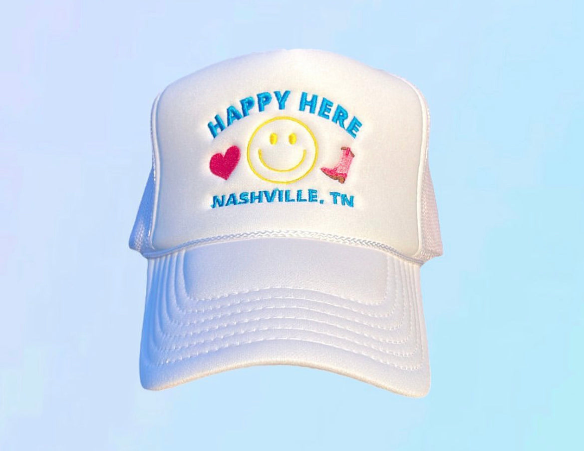 “CUSTOMIZE” HAPPY HERE Trucker Hat (MAKE IT YOUR OWN)