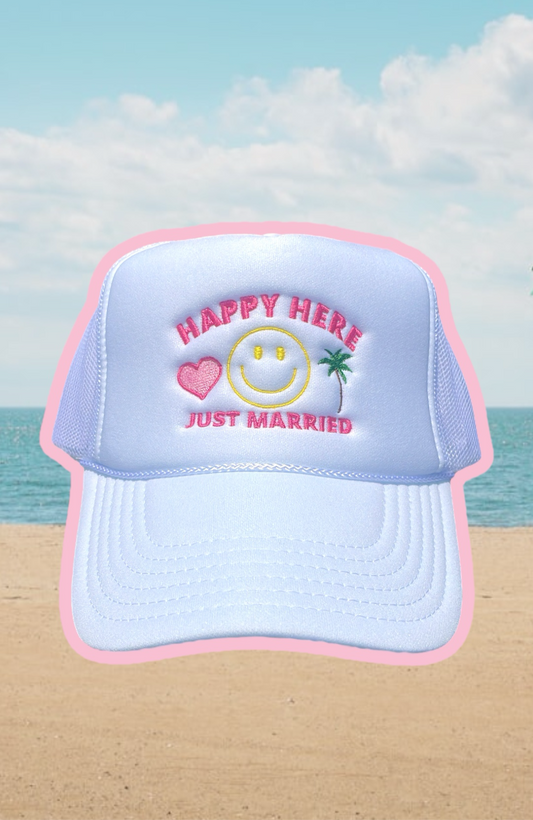 HAPPY HERE Just Married Trucker Hat