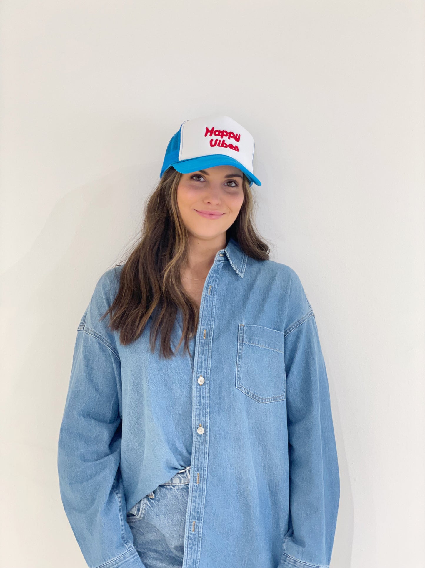 50% OFF SALE TAKEN OFF AT CHECKOUT! 
HAPPY VIBES Trucker Hat (SEE- Multiple Color Variations- look through Photos and choose your color)