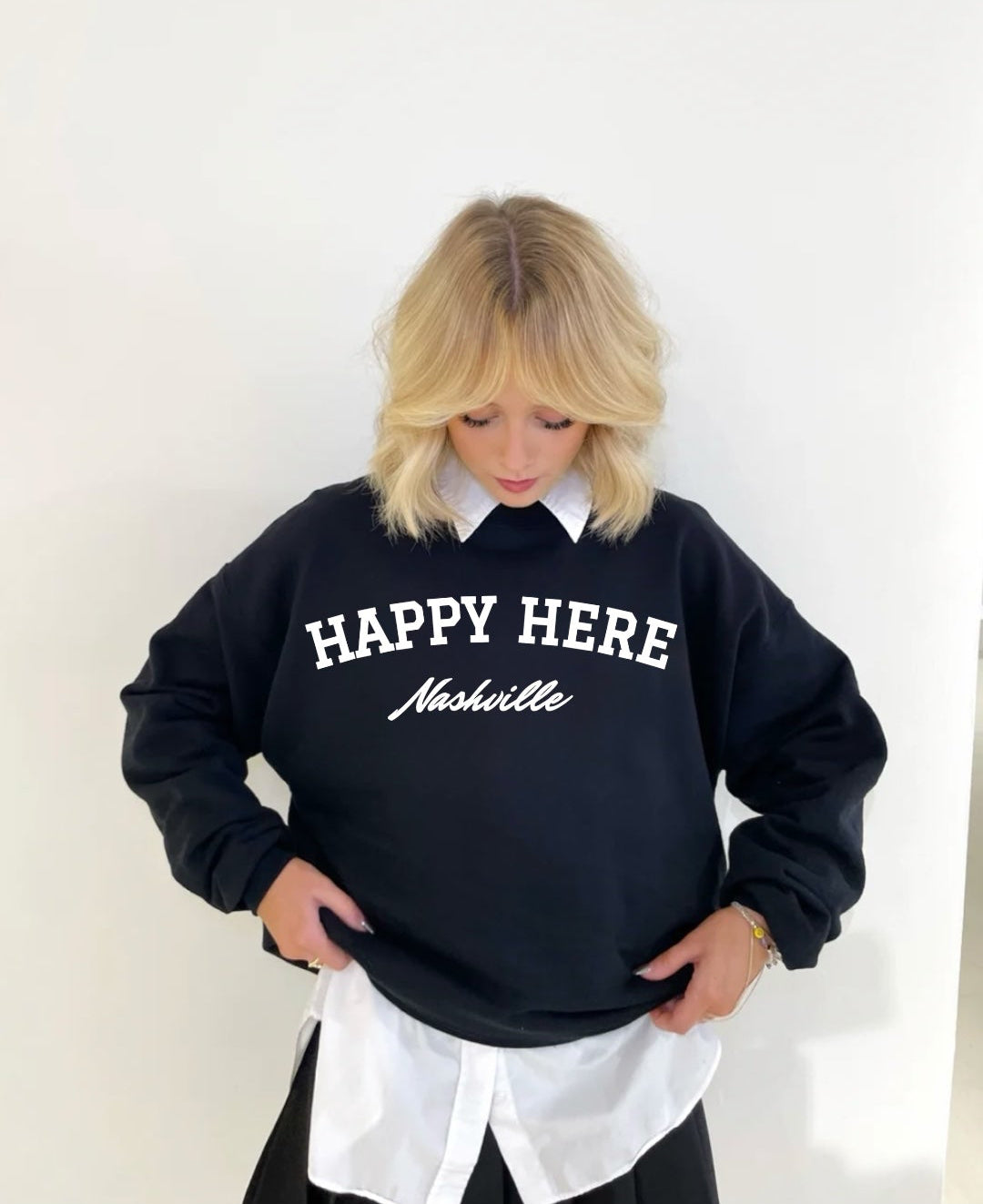 HAPPY HERE Nashville (Black/White) Crew Neck
