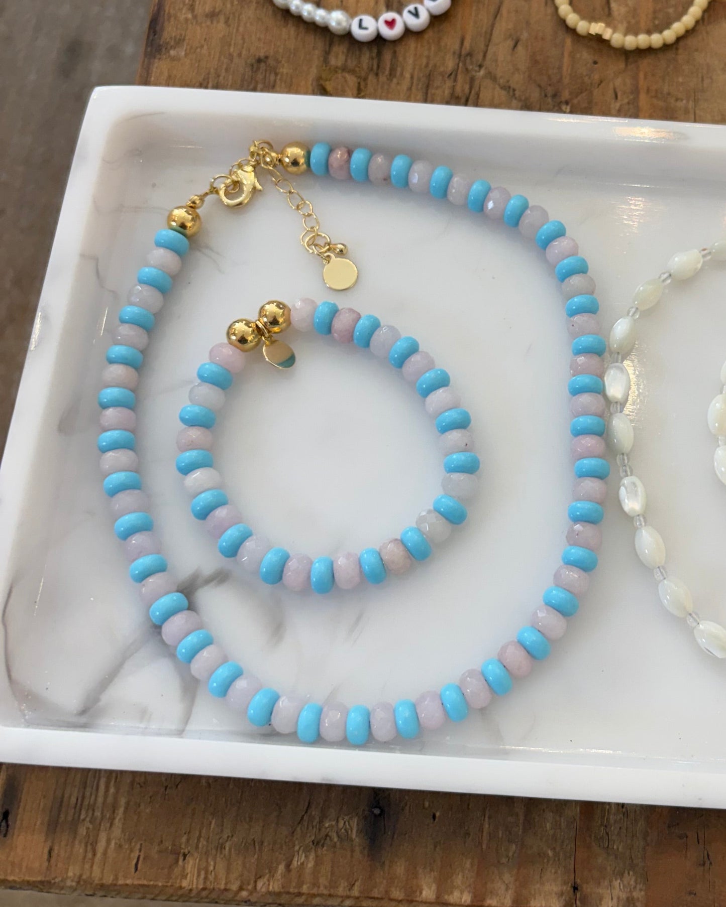 Turquoise and Rose Quartz Beaded Necklace and Bracelet