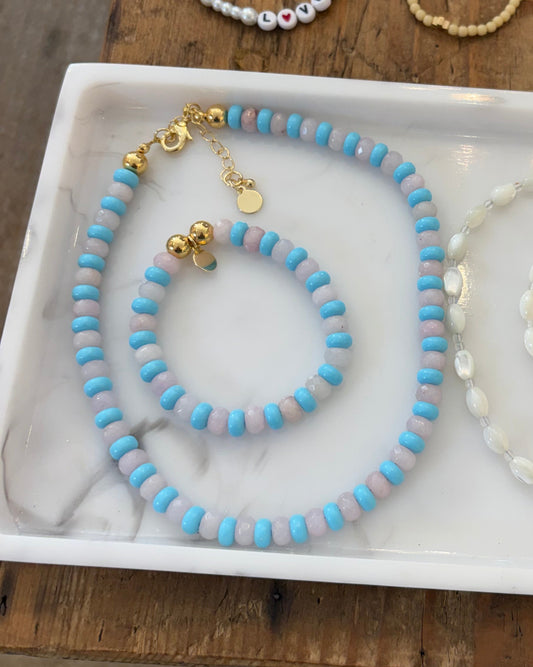 Turquoise and Rose Quartz Beaded Necklace and Bracelet