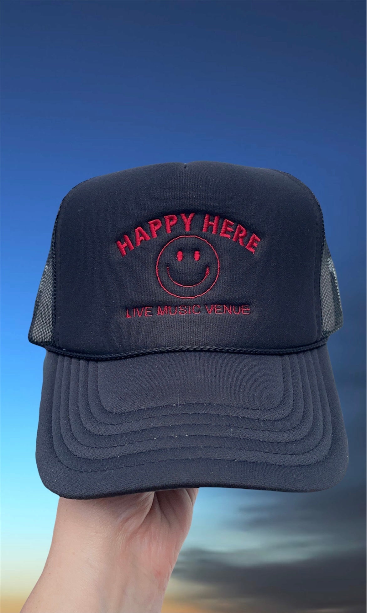 “CUSTOMIZE” HAPPY HERE Trucker Hat (MAKE IT YOUR OWN)