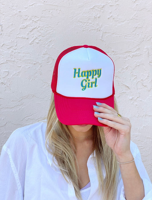 HAPPY GIRL Trucker Hat Red White Color-block