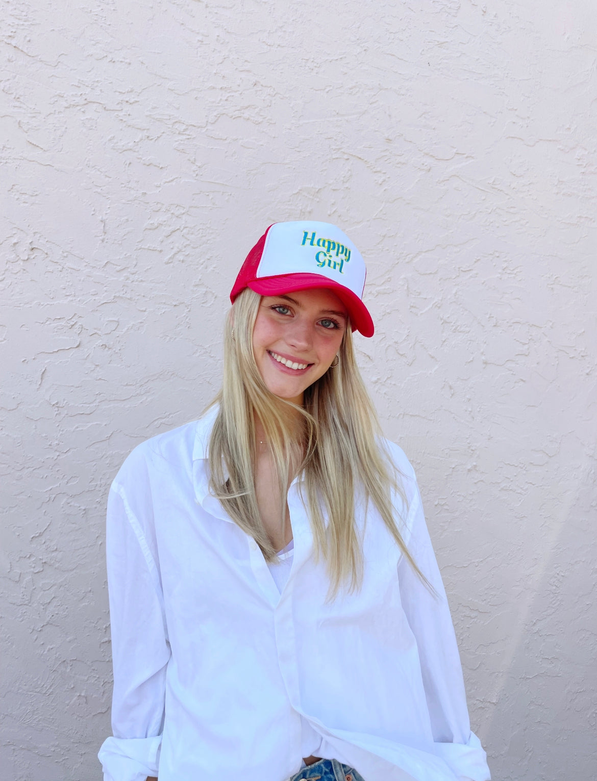 HAPPY GIRL Trucker Hat Red White Color-block