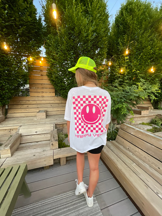 70% OFF SALE TAKEN OFF AT CHECKOUT! 
Checkerboard HAPPY VIBES T-Shirt